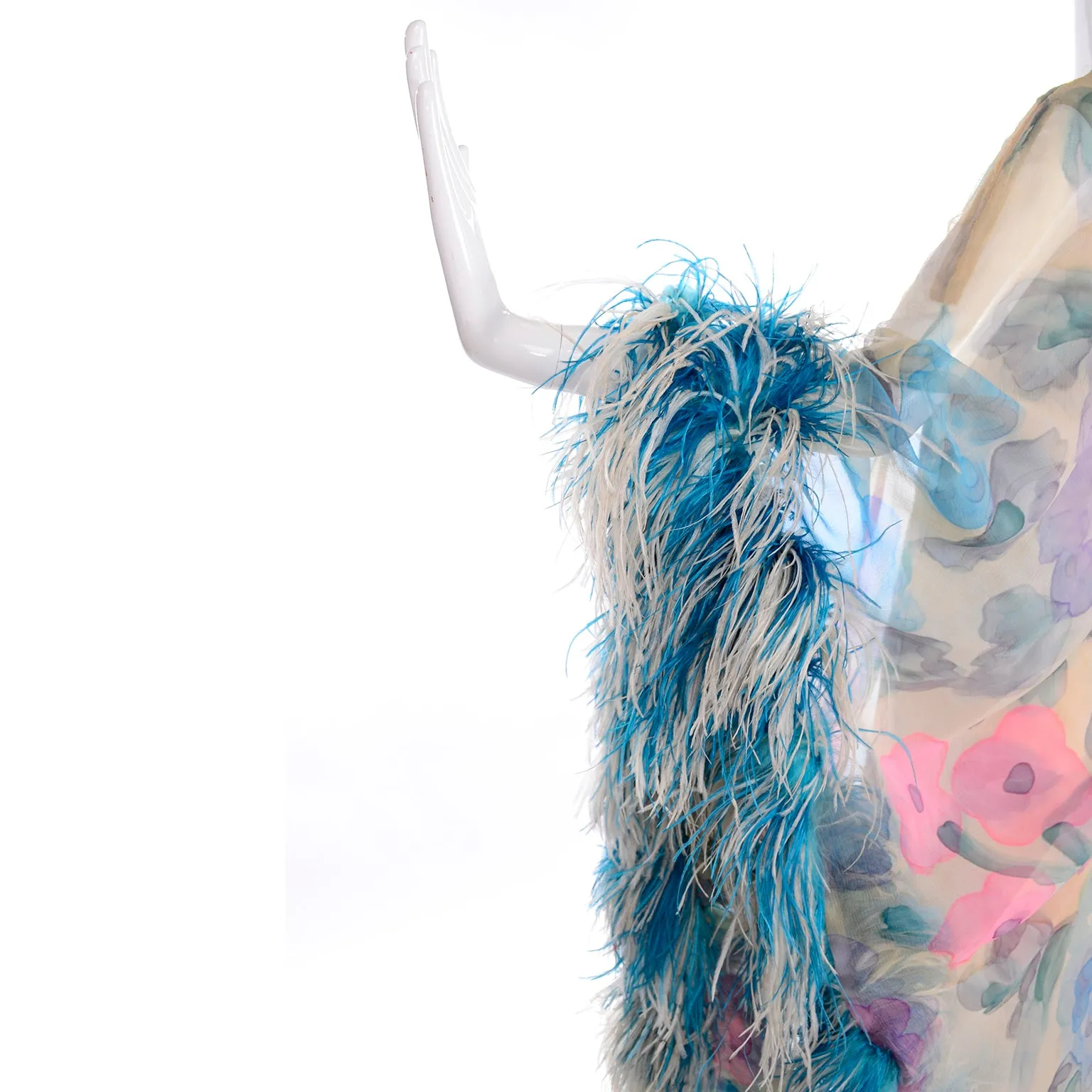 1960s Sarmi Vintage Blue & Pink Floral Silk Chiffon Dress w/ Blue Ostrich Feathers