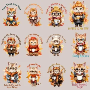 23 Retro Fall Cat Coffee Designs Bundle PNG