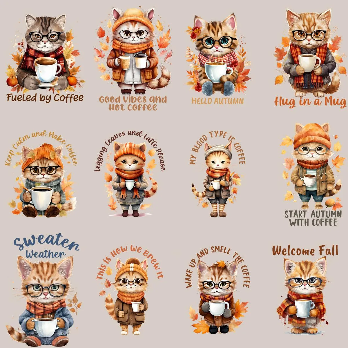 23 Retro Fall Cat Coffee Designs Bundle PNG