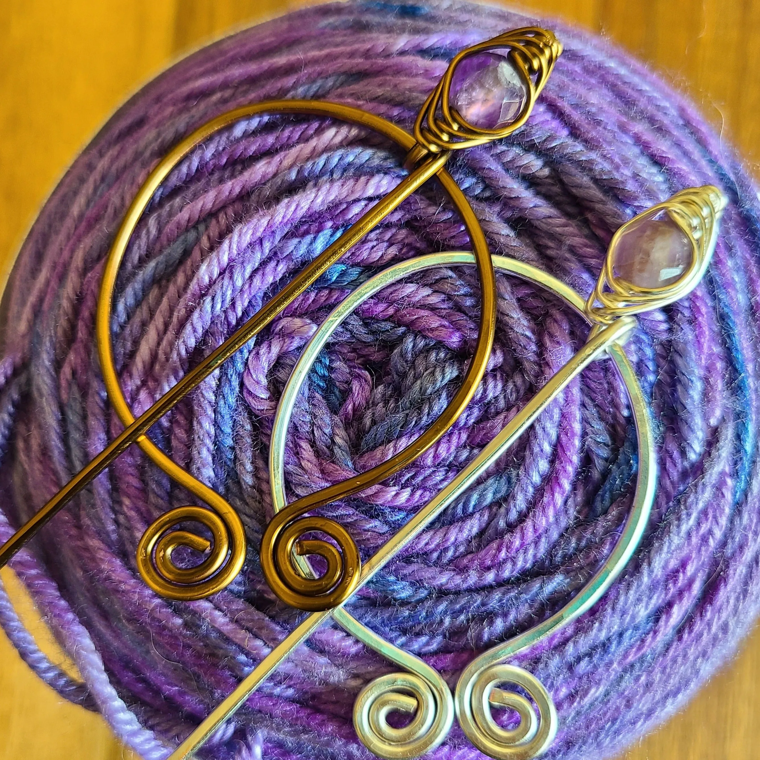 Amethyst Penannular Shawl Pin in Silver or Vintage Bronze