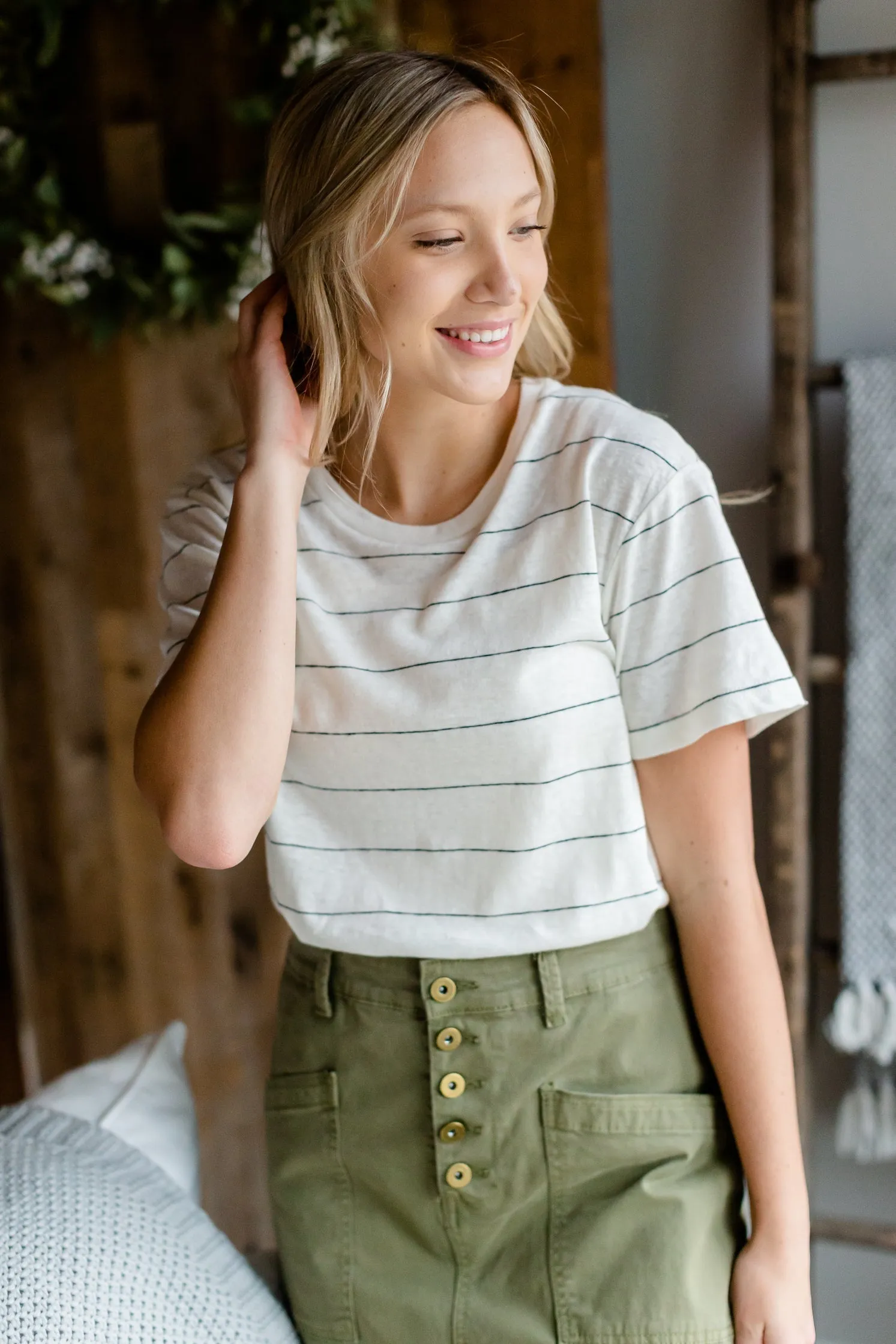 Basic Ivory Striped Short Sleeve Top