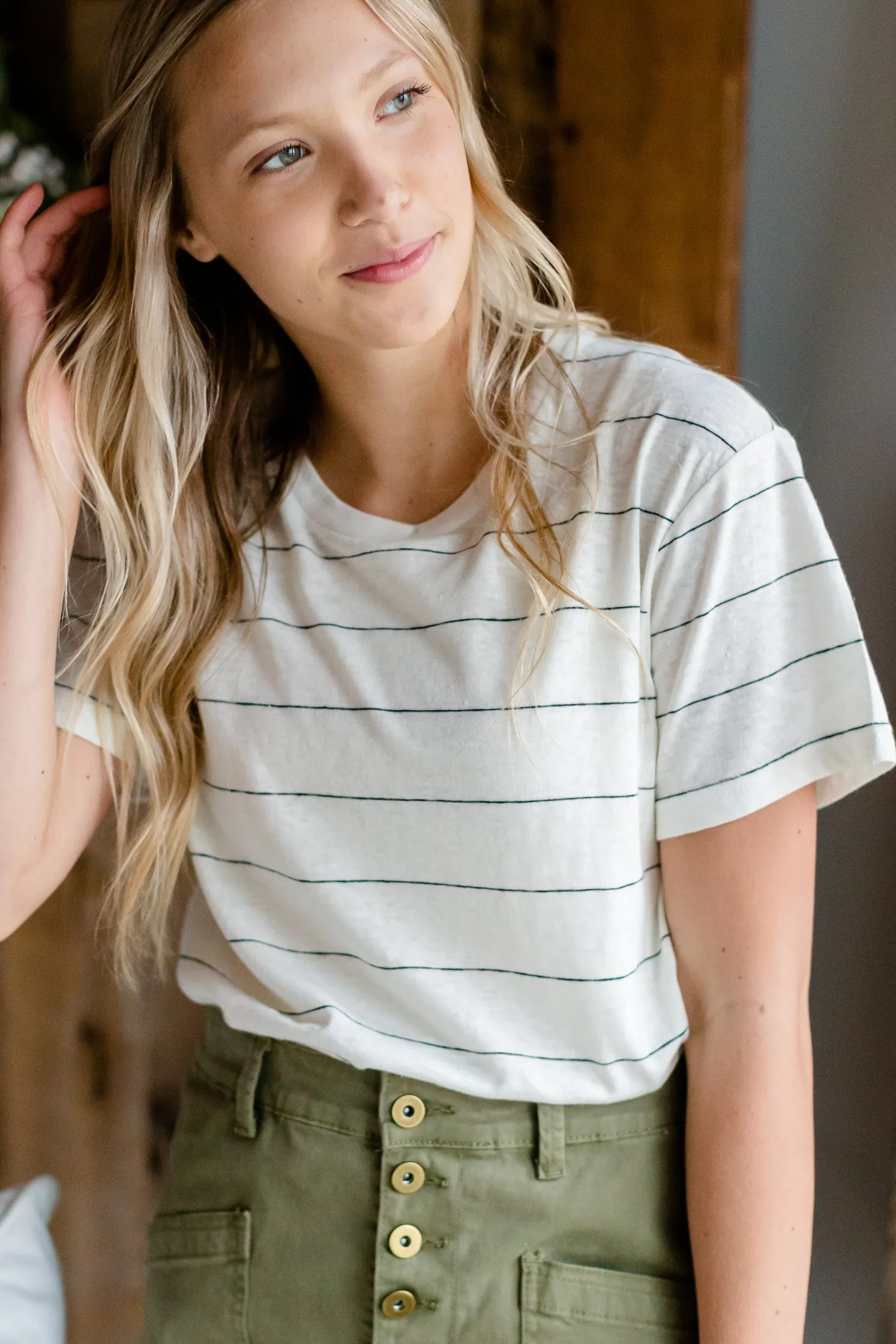 Basic Ivory Striped Short Sleeve Top