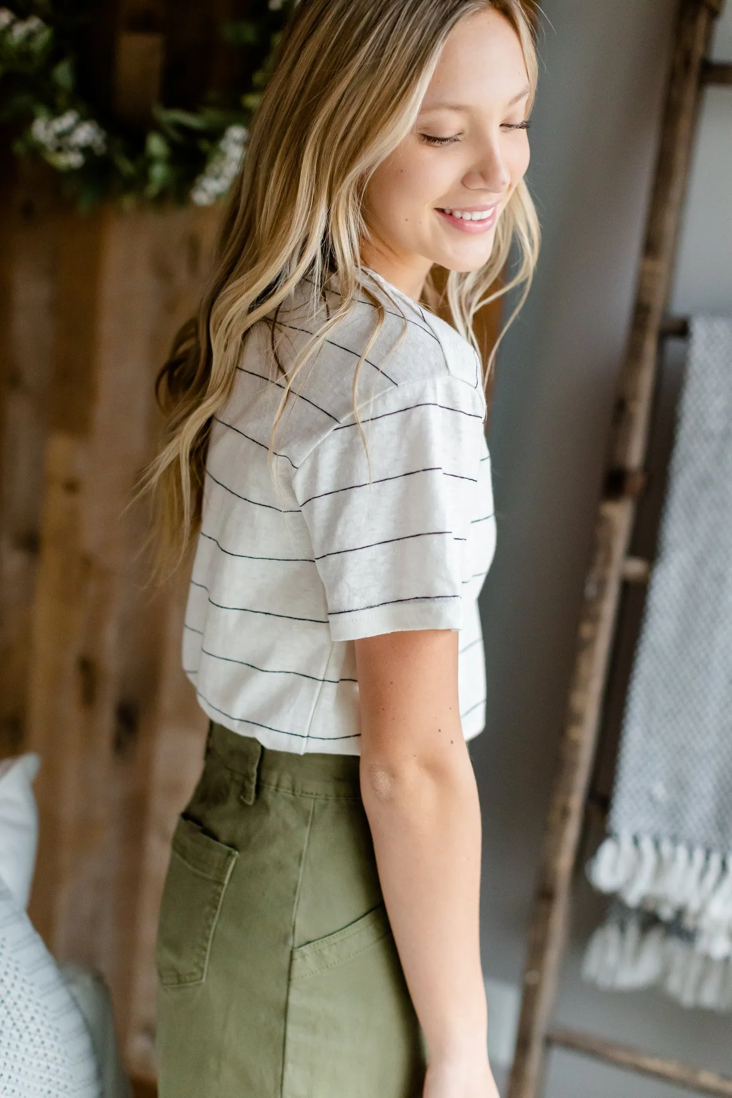 Basic Ivory Striped Short Sleeve Top