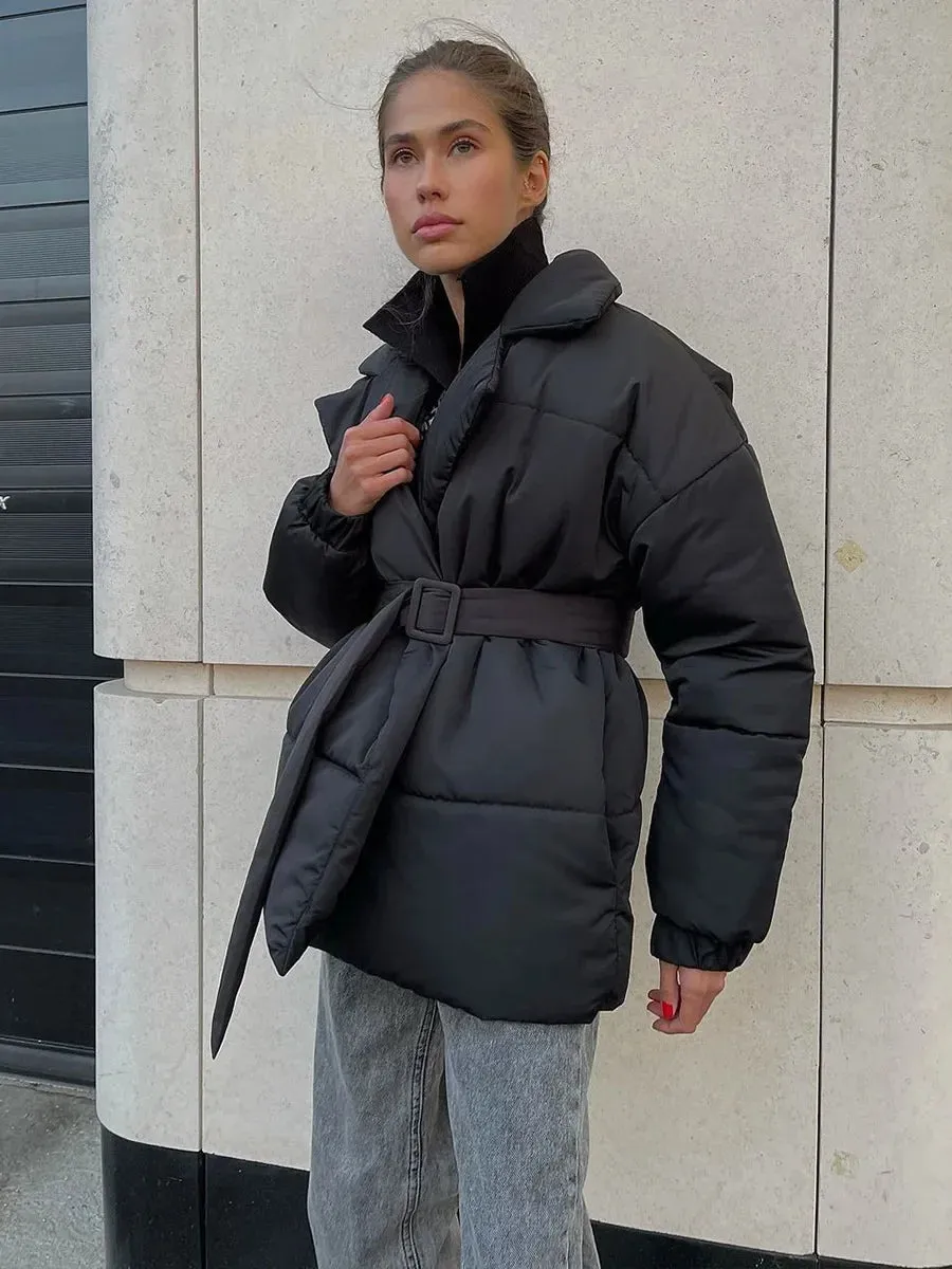 Black Friday Sonicelife Fall Winter Thickened Lapel Cotton Jackets Coat For Women Solid Color Lace Up Waist-Cinching Casual Cotton-Padded Jacket