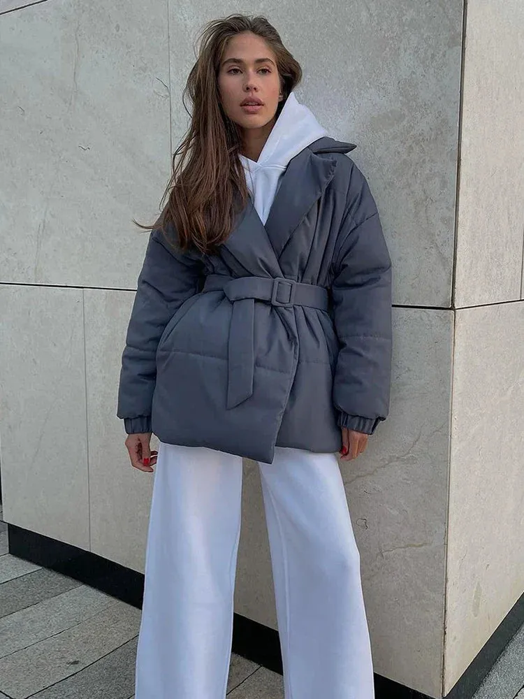 Black Friday Sonicelife Fall Winter Thickened Lapel Cotton Jackets Coat For Women Solid Color Lace Up Waist-Cinching Casual Cotton-Padded Jacket