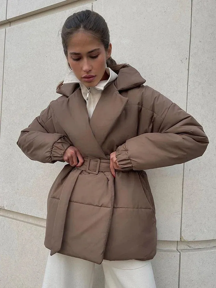 Black Friday Sonicelife Fall Winter Thickened Lapel Cotton Jackets Coat For Women Solid Color Lace Up Waist-Cinching Casual Cotton-Padded Jacket