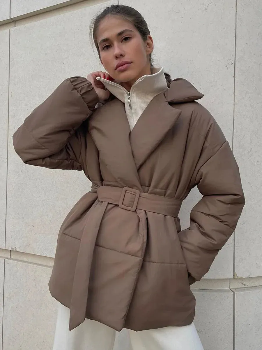 Black Friday Sonicelife Fall Winter Thickened Lapel Cotton Jackets Coat For Women Solid Color Lace Up Waist-Cinching Casual Cotton-Padded Jacket