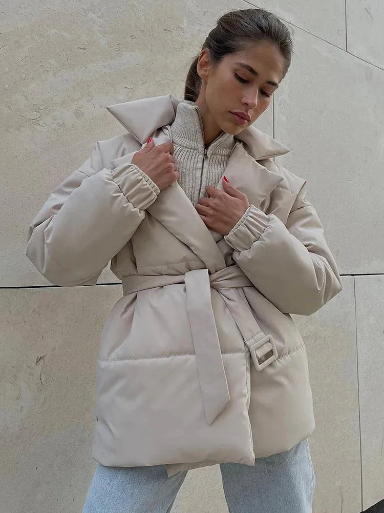 Black Friday Sonicelife Fall Winter Thickened Lapel Cotton Jackets Coat For Women Solid Color Lace Up Waist-Cinching Casual Cotton-Padded Jacket