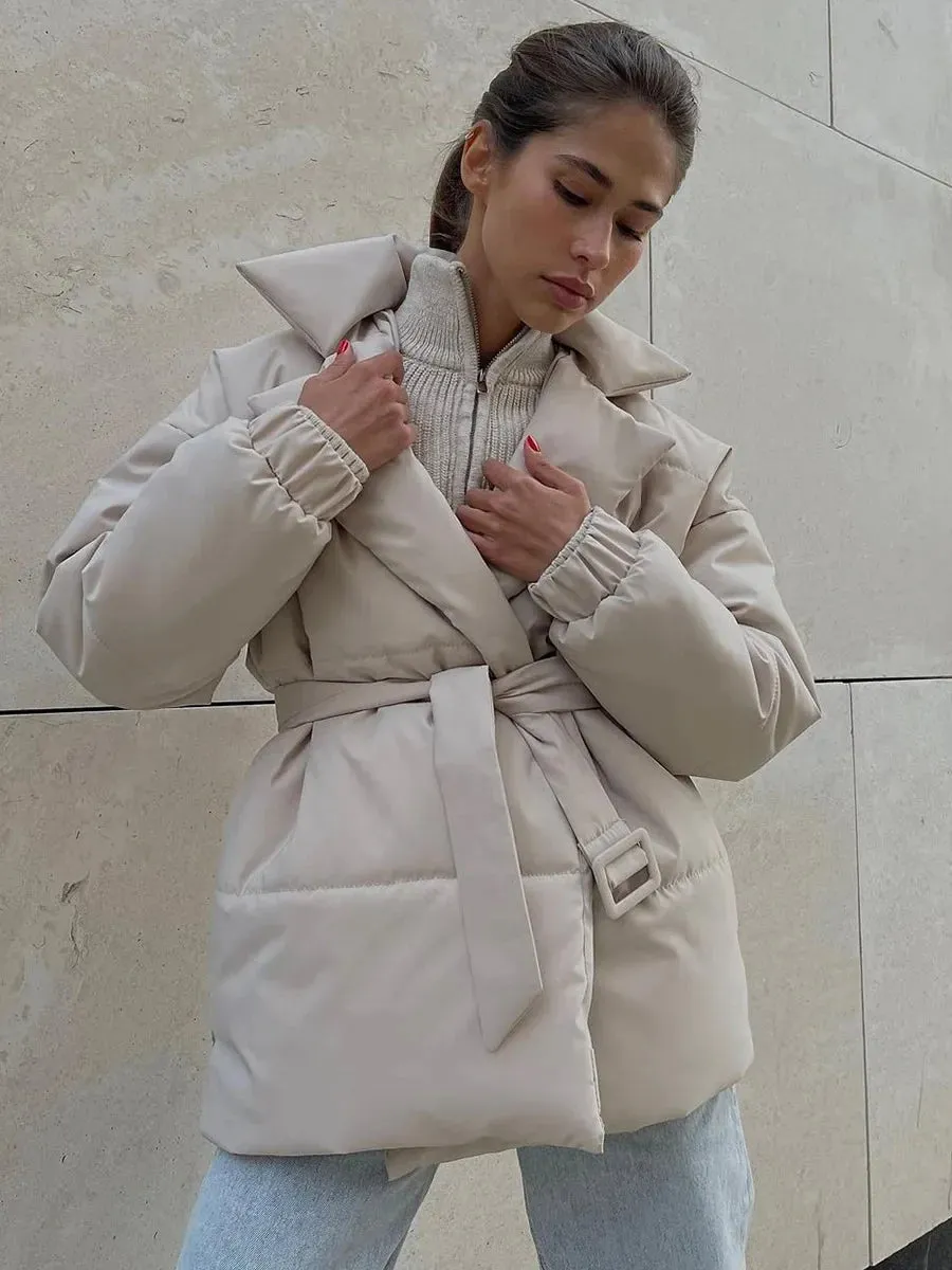 Black Friday Sonicelife Fall Winter Thickened Lapel Cotton Jackets Coat For Women Solid Color Lace Up Waist-Cinching Casual Cotton-Padded Jacket