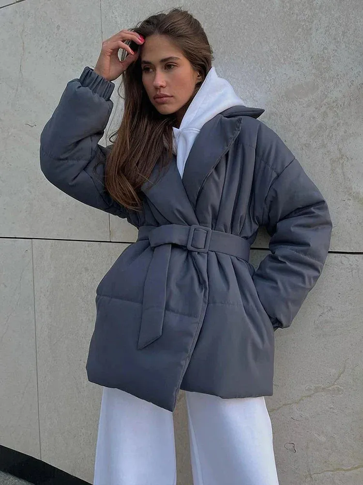 Black Friday Sonicelife Fall Winter Thickened Lapel Cotton Jackets Coat For Women Solid Color Lace Up Waist-Cinching Casual Cotton-Padded Jacket