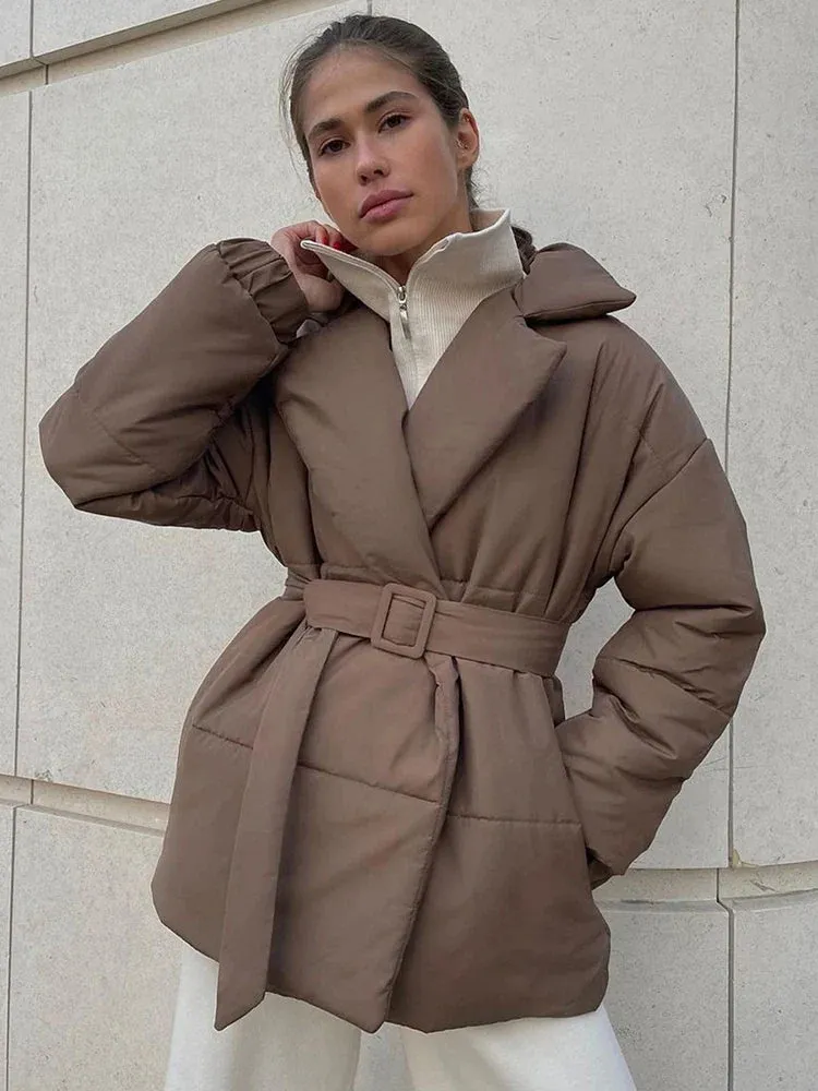 Black Friday Sonicelife Fall Winter Thickened Lapel Cotton Jackets Coat For Women Solid Color Lace Up Waist-Cinching Casual Cotton-Padded Jacket
