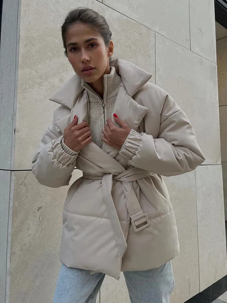 Black Friday Sonicelife Fall Winter Thickened Lapel Cotton Jackets Coat For Women Solid Color Lace Up Waist-Cinching Casual Cotton-Padded Jacket