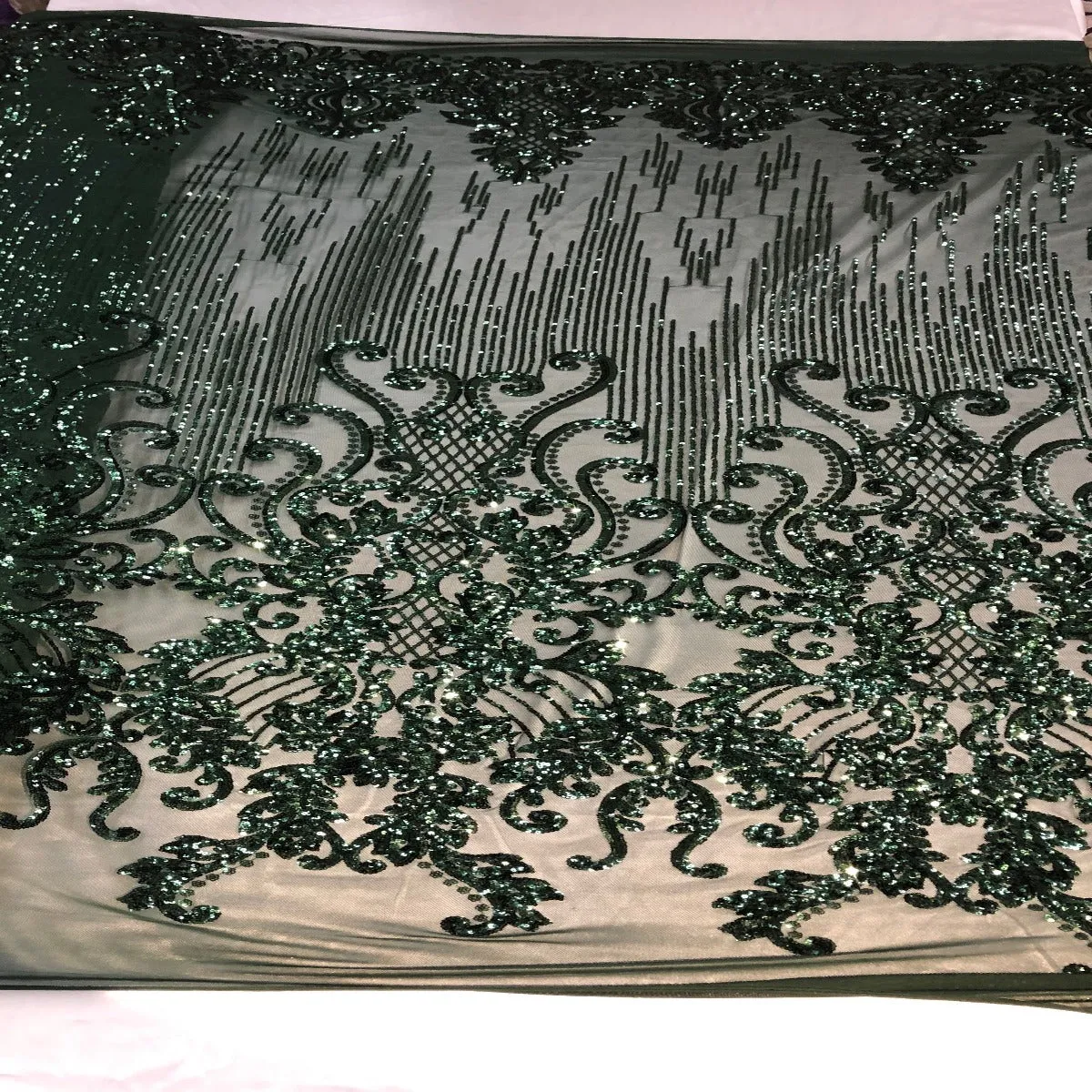 Burgundy Alta Striped Damask Sequins Lace Fabric