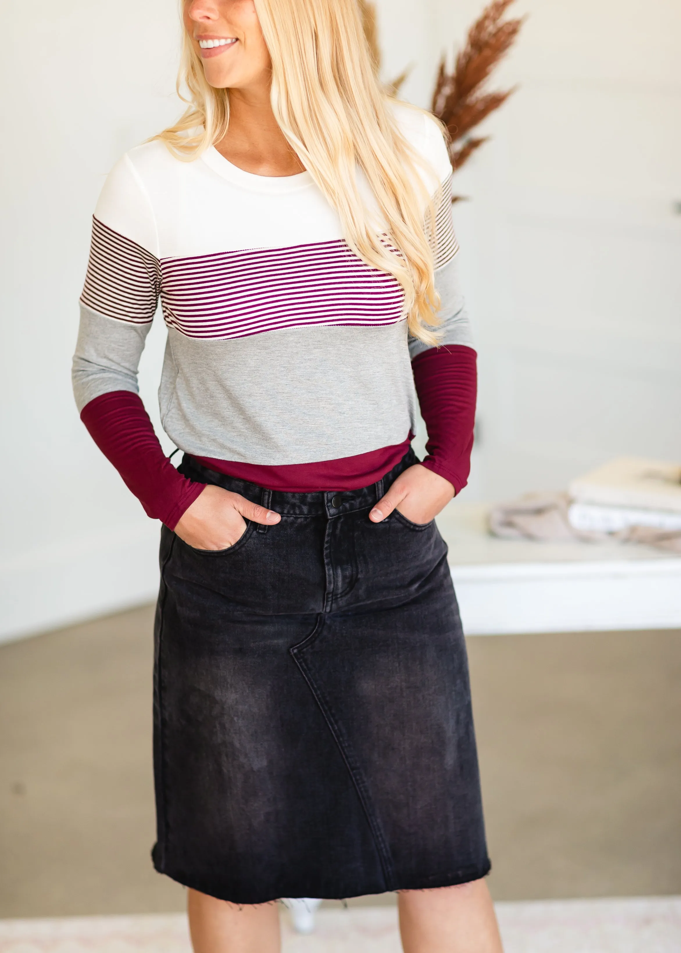 Burgundy Pin Striped Long Sleeve Top - FINAL SALE