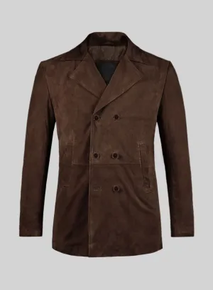 Dark Brown Suede Leather Pea Coat