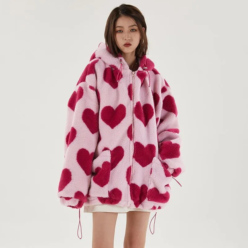 Joskaa Christmas Gift Winter High Street Harajuku Love Printed Rabbit Fur Padded Jacket Men and Women Hong Kong Style Student Hooded Cotton Jacket