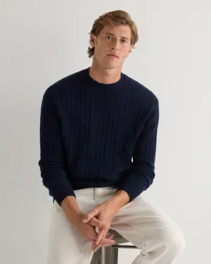 Men's Thames Cable Round Neck Cashmere Jumper Navy Blue Melange