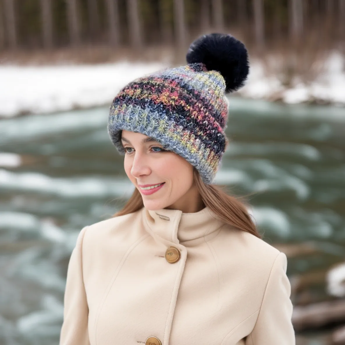 Multi Layer PomPom Hat - Navy Sunset