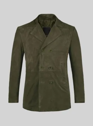 Olive Green Suede Leather Pea Coat