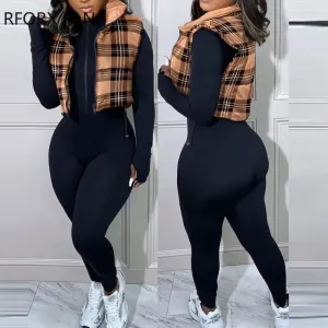 Plaid Pattern Zipper Stand Collar Short Winter Padded Black Quilted Waistcoat Tops