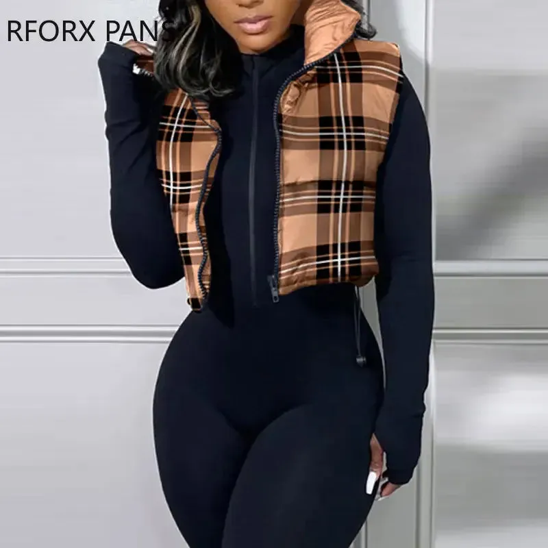 Plaid Pattern Zipper Stand Collar Short Winter Padded Black Quilted Waistcoat Tops