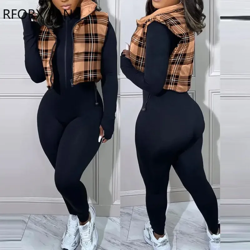Plaid Pattern Zipper Stand Collar Short Winter Padded Black Quilted Waistcoat Tops