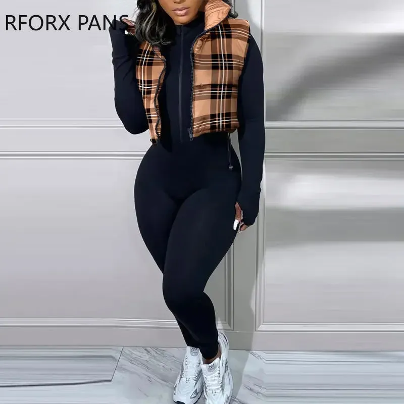 Plaid Pattern Zipper Stand Collar Short Winter Padded Black Quilted Waistcoat Tops