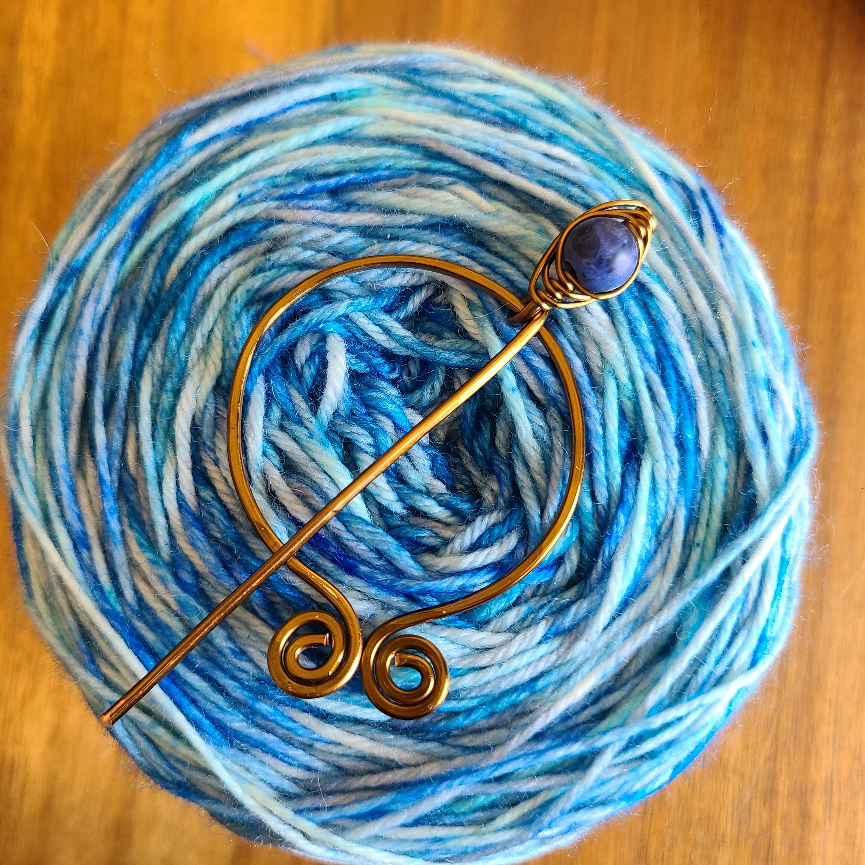 Sodalite Penannular Shawl Pin in Silver or Vintage Bronze