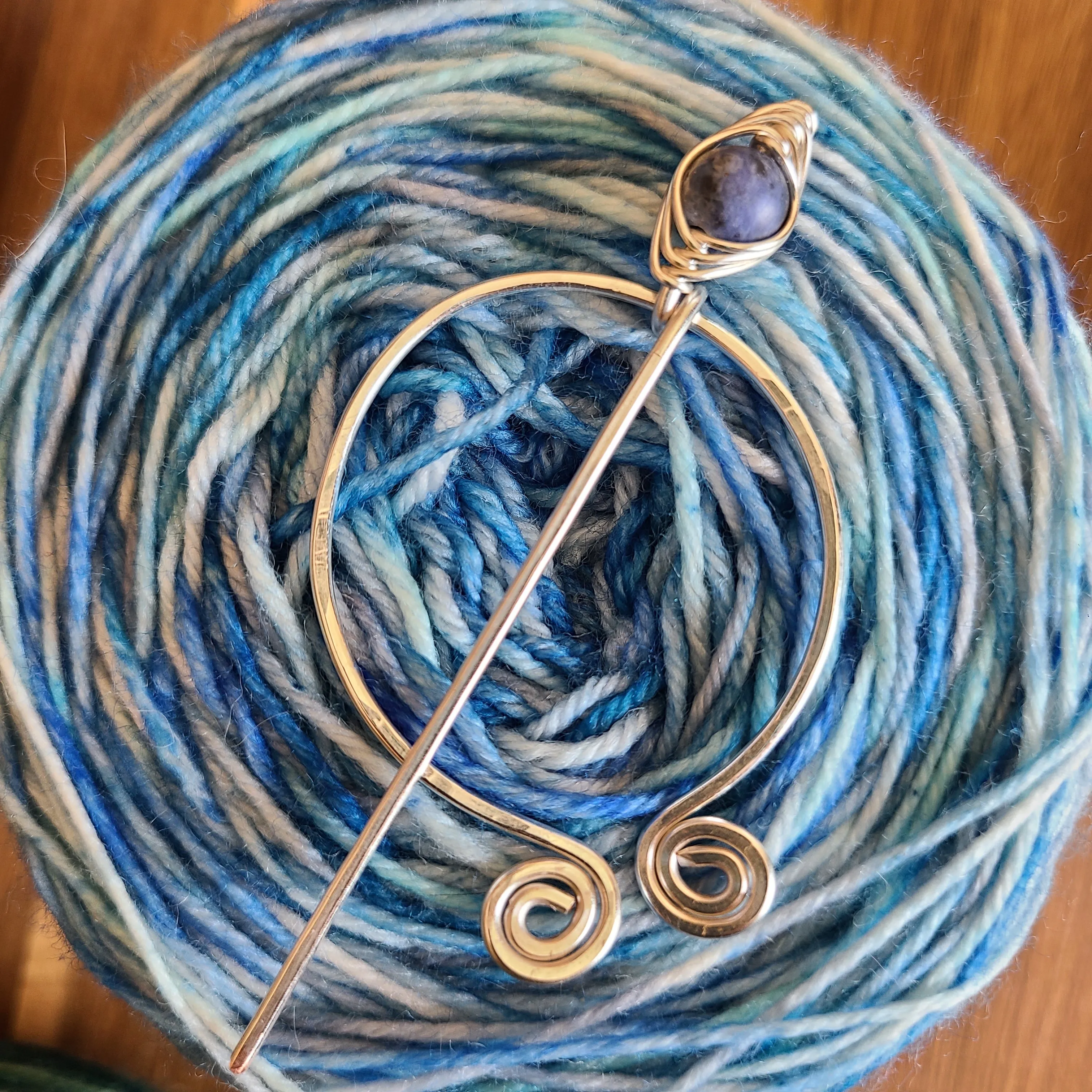 Sodalite Penannular Shawl Pin in Silver or Vintage Bronze