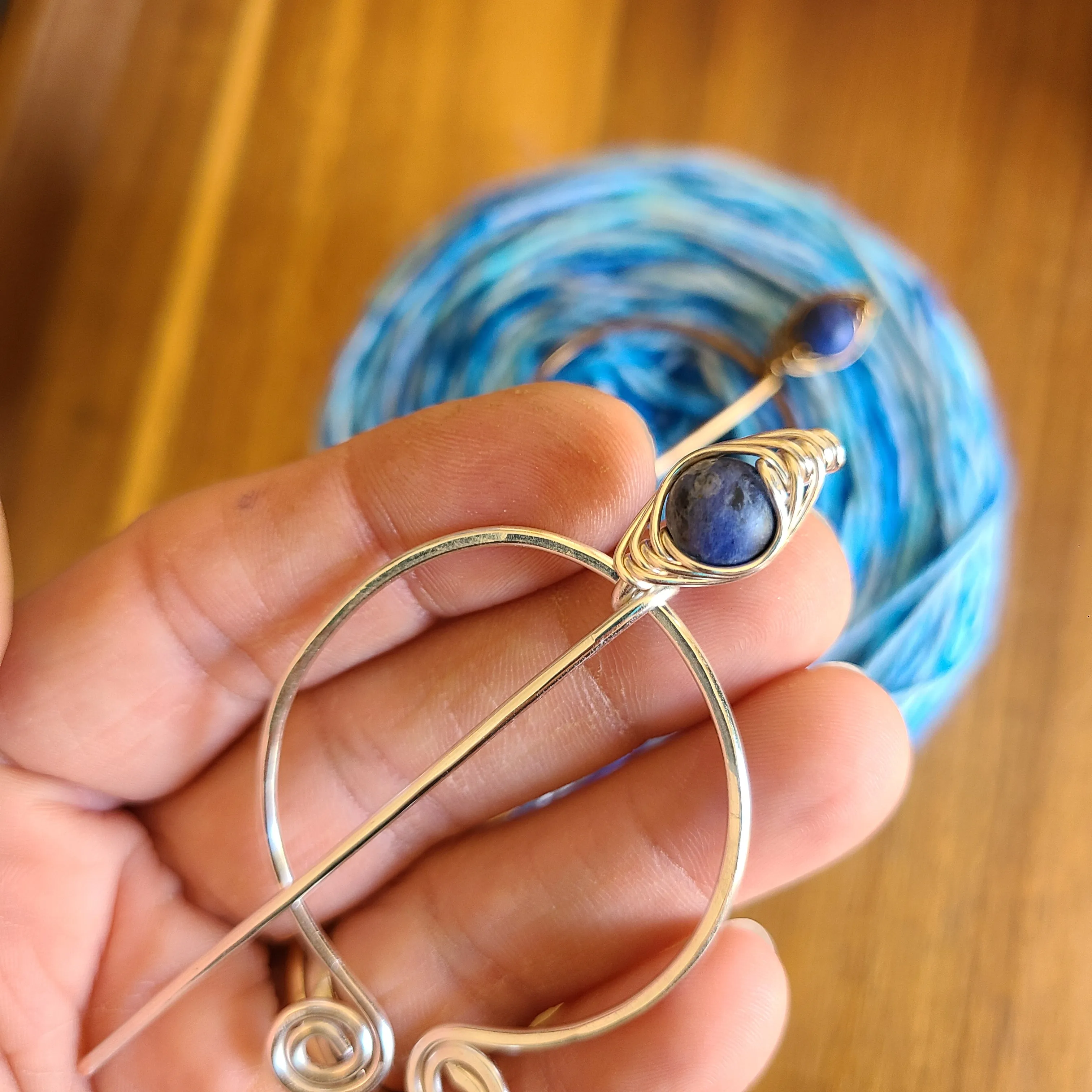 Sodalite Penannular Shawl Pin in Silver or Vintage Bronze