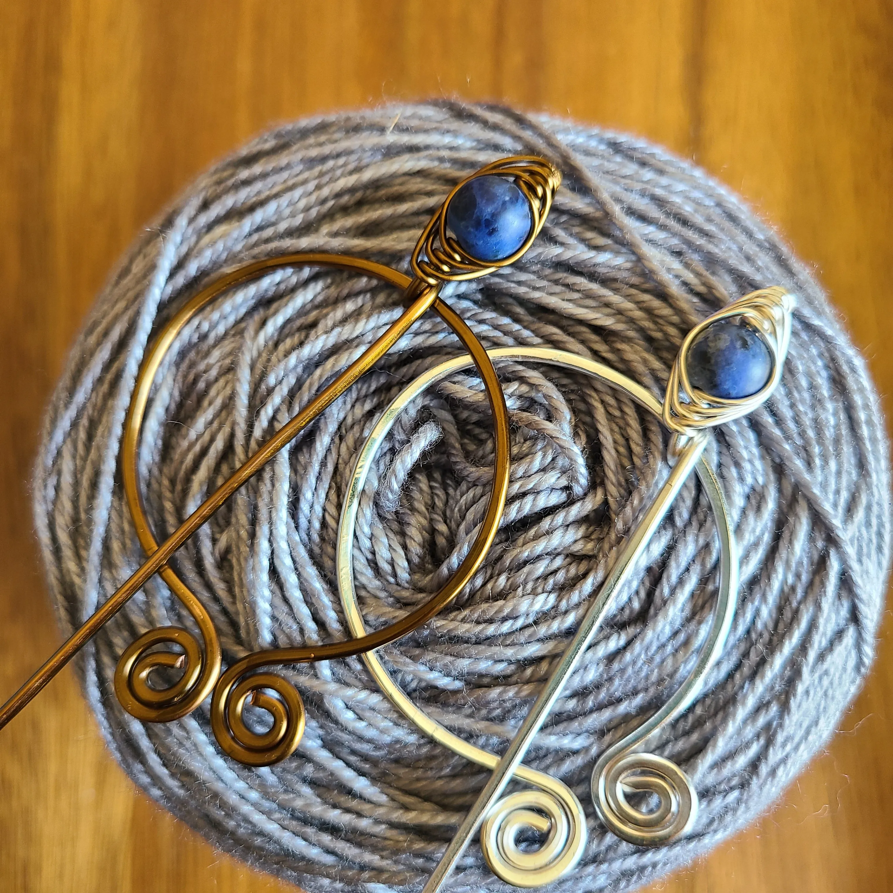 Sodalite Penannular Shawl Pin in Silver or Vintage Bronze