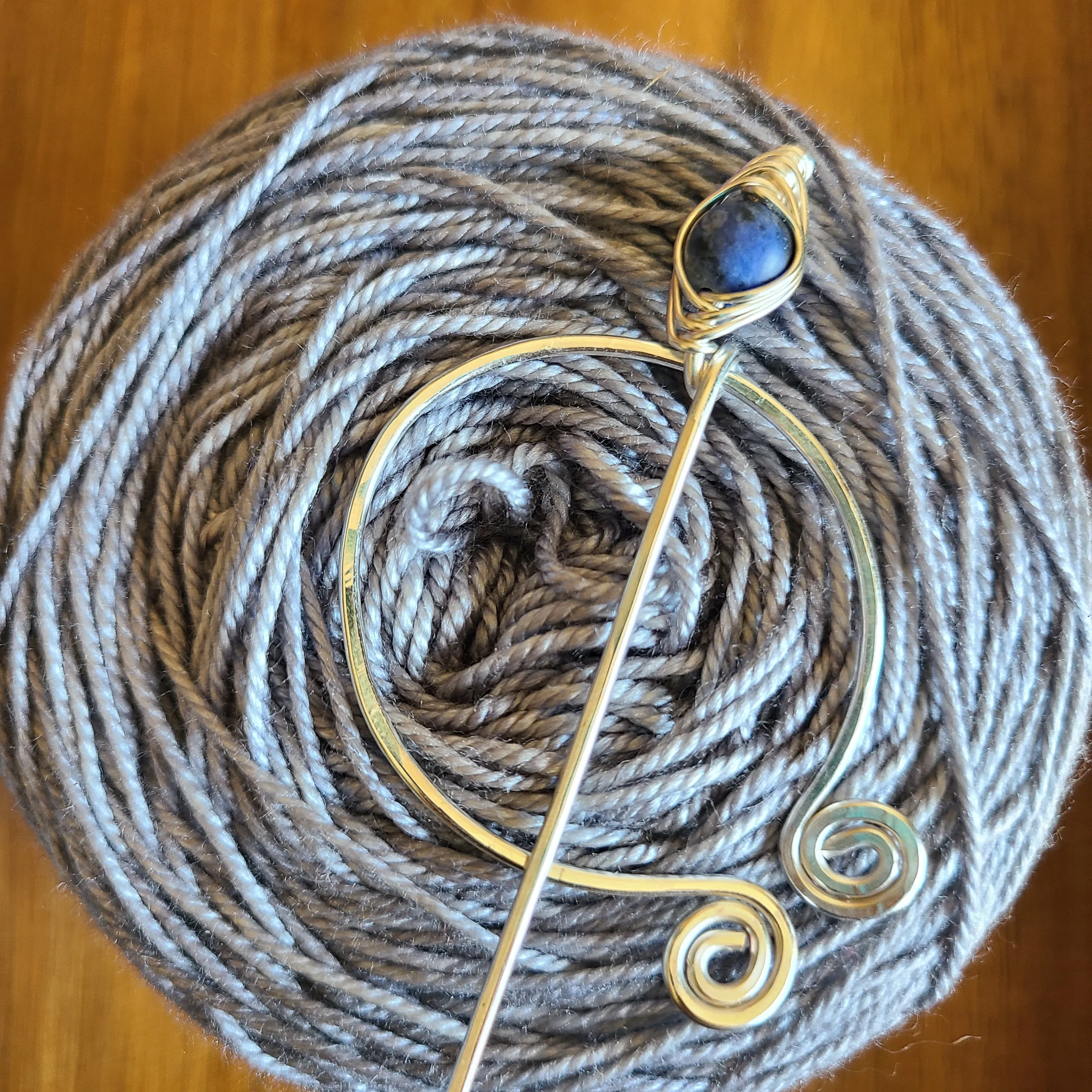 Sodalite Penannular Shawl Pin in Silver or Vintage Bronze