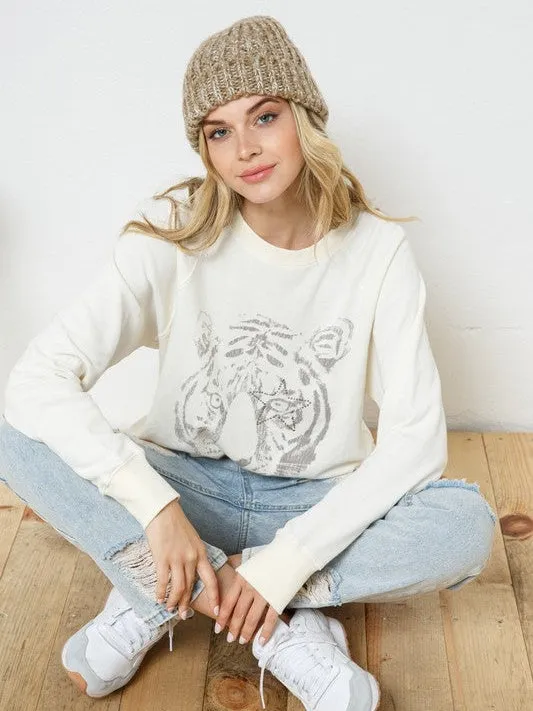 Star Studded Graphic Tiger French Terry Sweatshirt