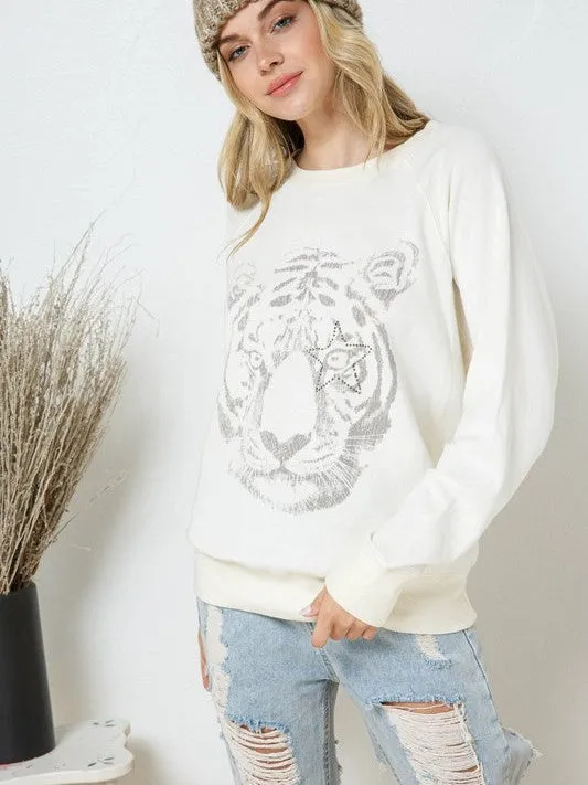 Star Studded Graphic Tiger French Terry Sweatshirt