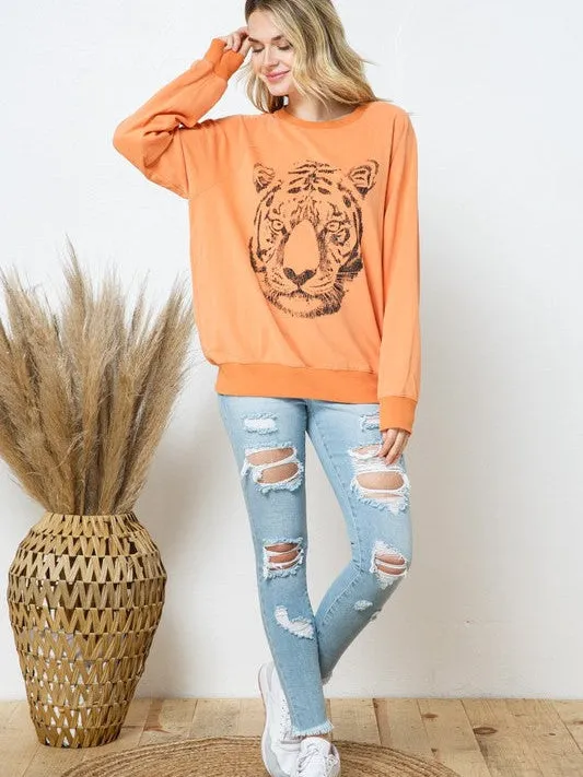 Star Studded Graphic Tiger French Terry Sweatshirt