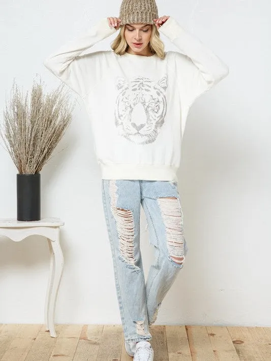 Star Studded Graphic Tiger French Terry Sweatshirt