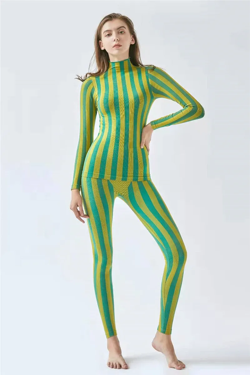 Wenkouban 1980s fashion trends Nylon Seamless Knitted Color Striped Sweater Pants Suit Yoga Clothes
