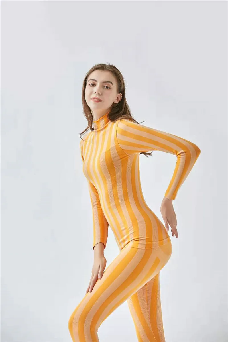 Wenkouban 1980s fashion trends Nylon Seamless Knitted Color Striped Sweater Pants Suit Yoga Clothes
