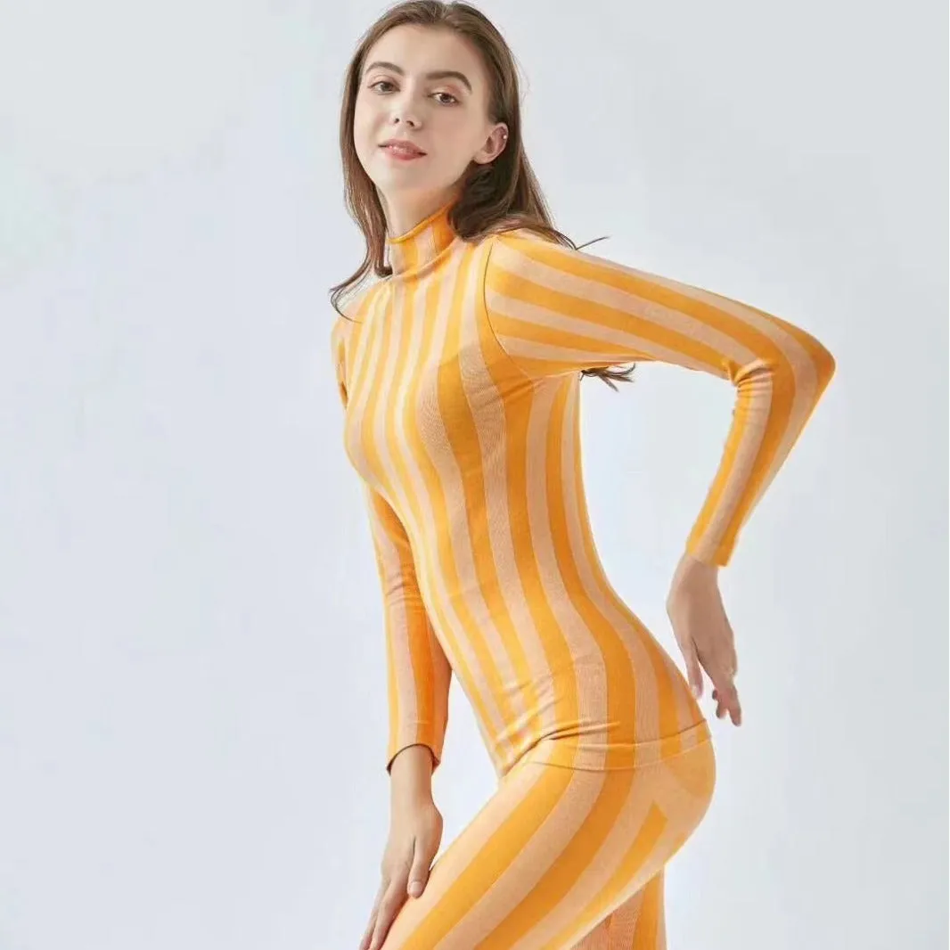 Wenkouban 1980s fashion trends Nylon Seamless Knitted Color Striped Sweater Pants Suit Yoga Clothes